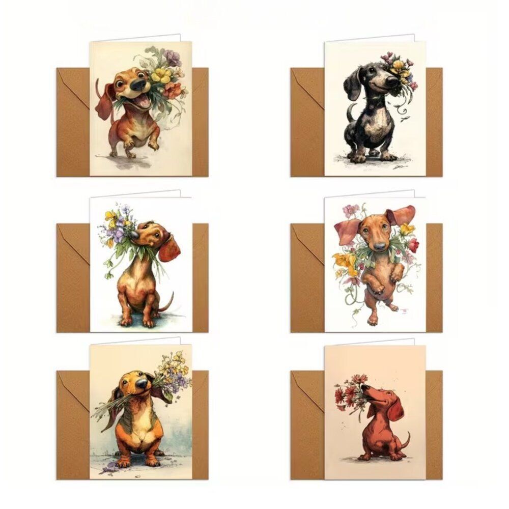 NWT Dachshund Puppy Flower Bouquet Greeting Cards Set 12 Pk 3.5x5 Envelopes Cute - Picture 8 of 8